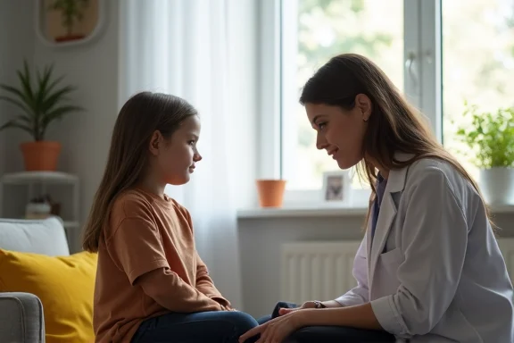 A woman in a white coat talking with a young girl in a bright room