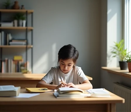 A child writing at a desk with books in a sunlit room